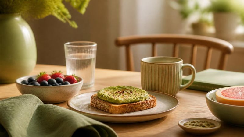 A breakfast table with healthy food and water, representing daily habits for clearer thinking