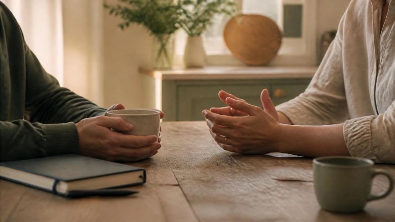 Two people sitting across a kitchen table having a quiet conversation about menopause depression