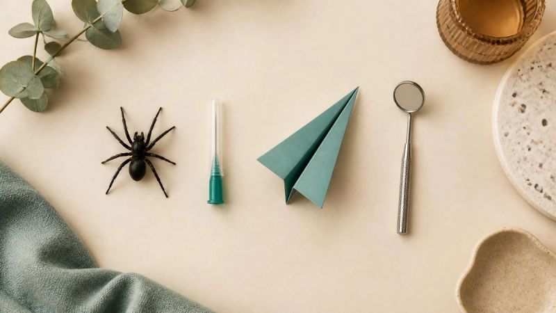 A collage of small objects representing common phobias: spider, needle, aeroplane, dental tools
