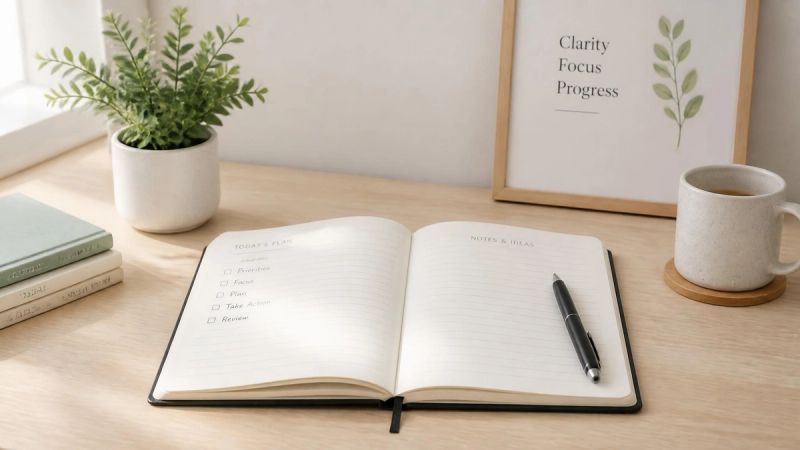A clean, calm workspace with a notebook and pen, representing clear information and guidance