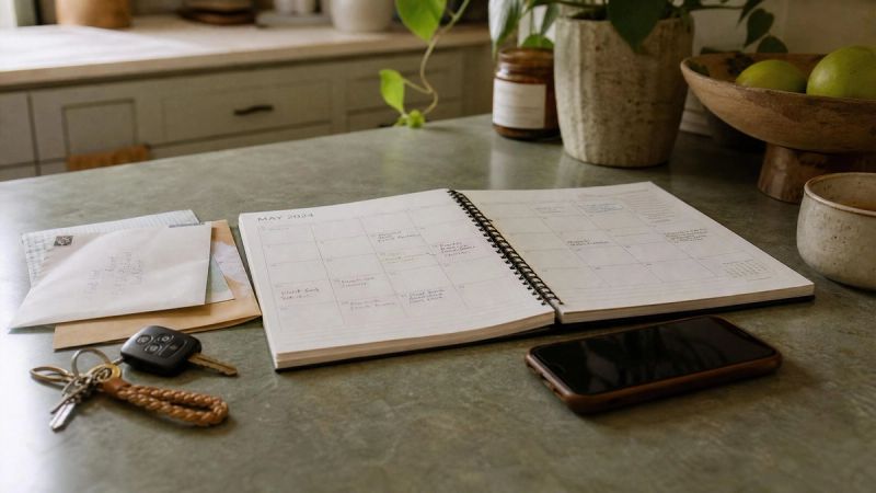 A kitchen counter with an open calendar, unpaid bills, and a set of keys, capturing the daily-life impact of adult ADHD symptoms.