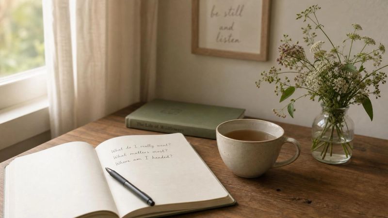 An open notebook and cup of tea on a wooden table, representing questions and reflection about loneliness and depression