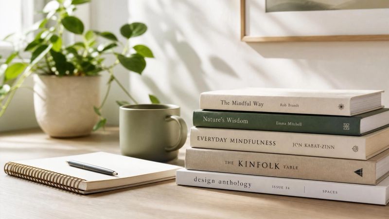 A small stack of books and a notebook on a calm workspace, representing related articles on loneliness and mental health