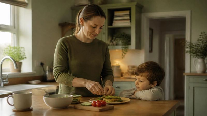 A parent preparing a meal at a kitchen counter, representing family awareness