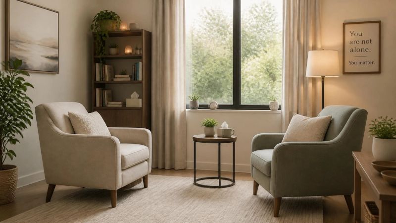 Two chairs facing each other in a calm therapy room, representing a CBT session