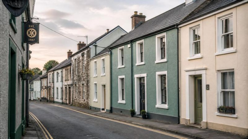 A quiet Irish town street with a row of houses and soft afternoon light