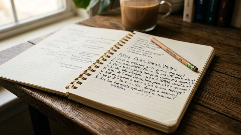 Notebook with questions, representing online therapy FAQs