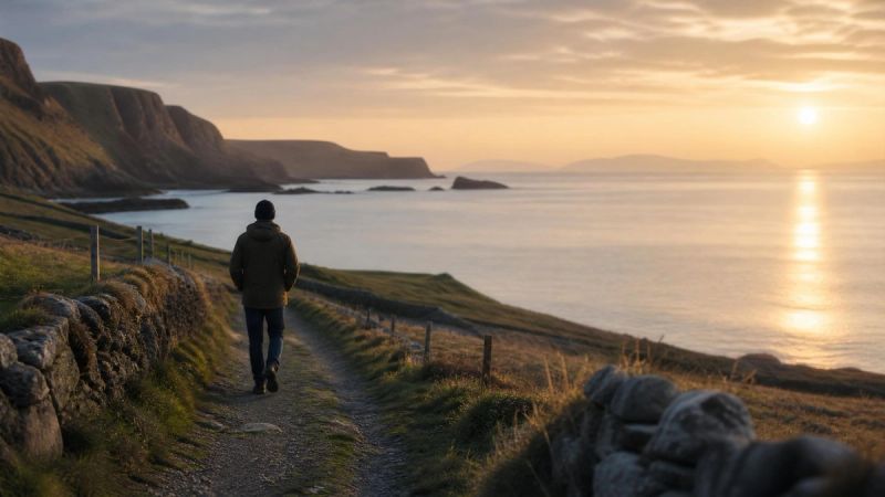 A person walking along a calm Irish coastal path, representing seeking help for OCD