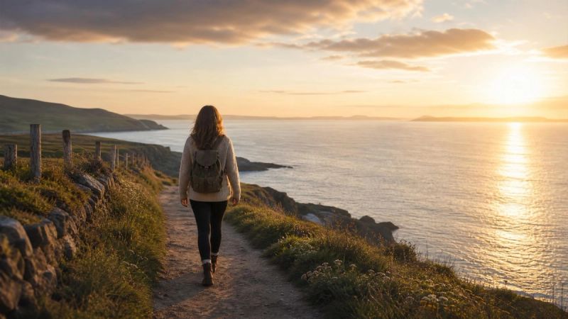 A person walking confidently along a peaceful Irish coastal path at golden hour
