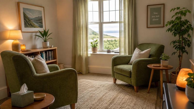 A comfortable therapy room with two chairs and soft natural light