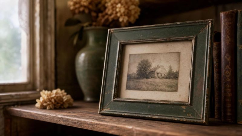 Old family photo frame on a wooden shelf in soft window light, symbolising childhood memories and what childhood trauma is