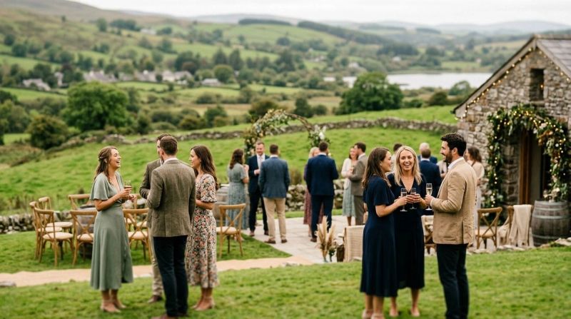 Group of people socialising at an Irish wedding or celebration, representing cultural body image pressures