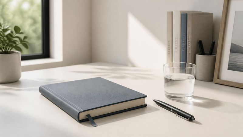A clean, organised desk with a notebook and pen, representing clear answers and guidance