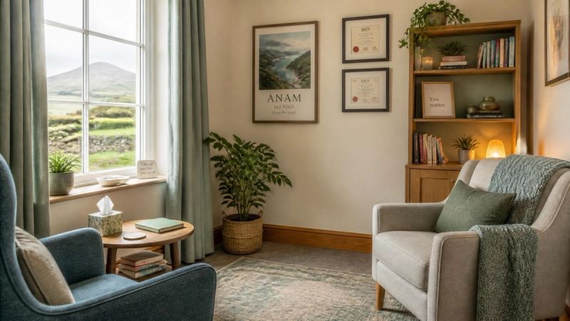 A peaceful therapy or consultation room with natural light, representing CBT treatment for social anxiety