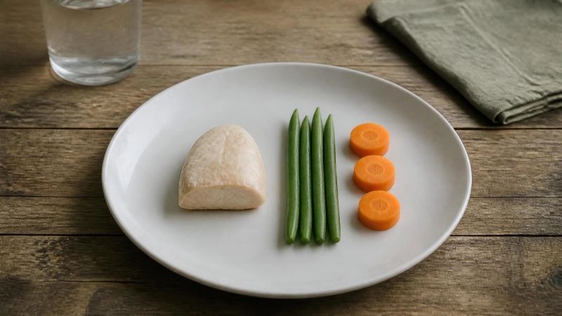 A minimalist plate with only a few 'allowed' foods, representing rigid eating rules