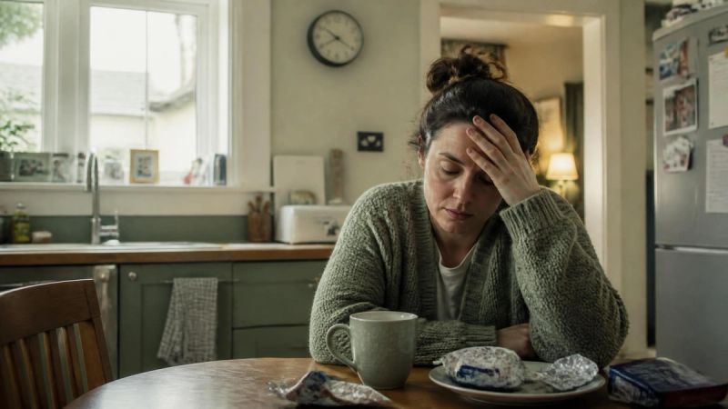 A person sitting at a kitchen table with food wrappers, looking overwhelmed