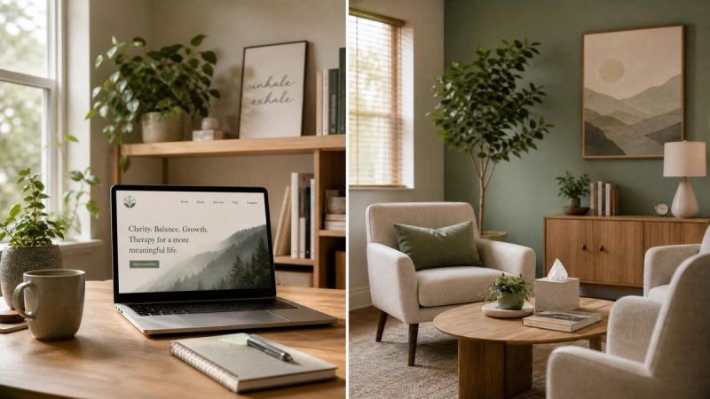 Split scene showing a comfortable home setting and a modern therapy room, comparing online and in-person therapy