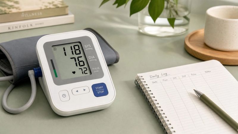 A blood pressure monitor and a notebook on a calm desk, representing ADHD medication monitoring.
