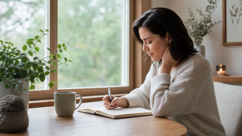 A person writing in a journal by a window, calm and reflective
