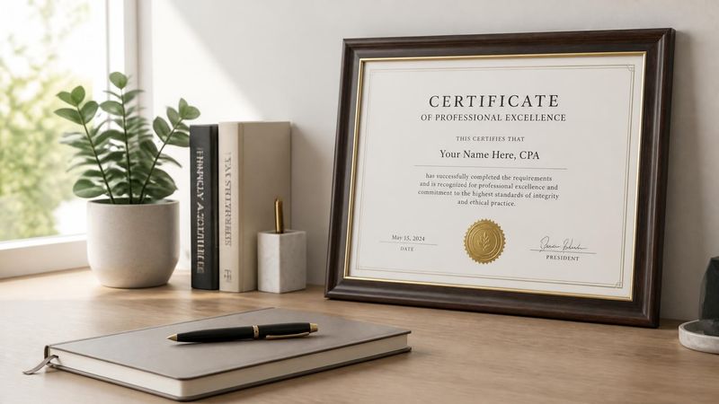 Professional accreditation certificates or credentials on a clean desk