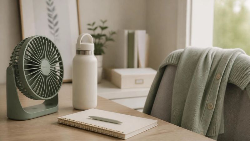 A desk with a small fan, water bottle, and layered clothing, representing practical workplace adjustments