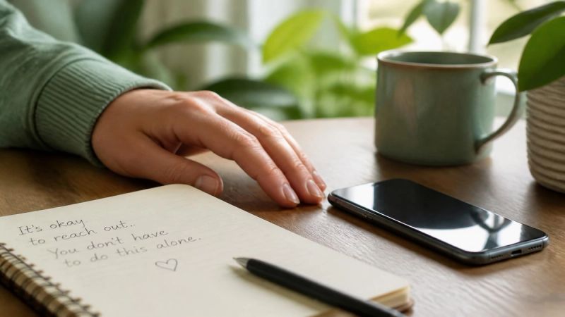 A hand reaching toward a phone or notebook, representing the decision to seek help