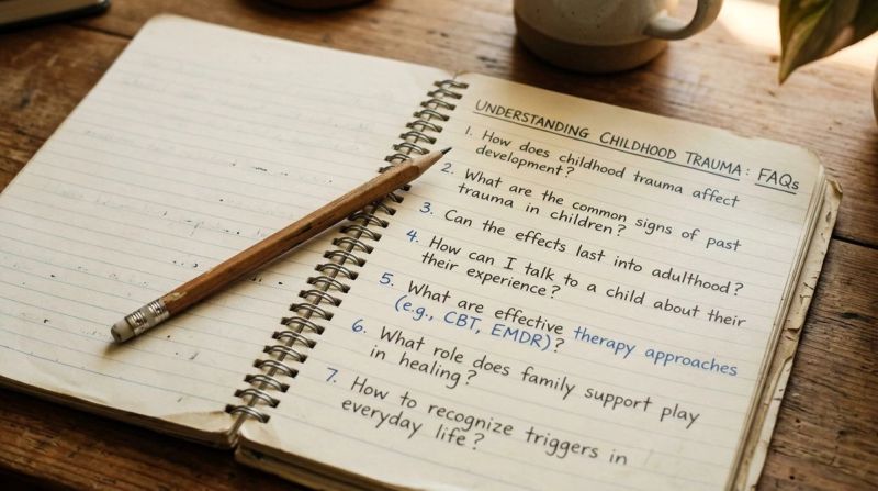 Open notebook with handwritten questions and a pencil, representing frequently asked questions about childhood trauma