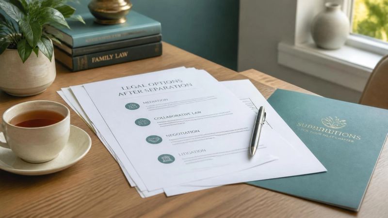 Legal documents and a pen laid out on a desk, representing the legal options after separation