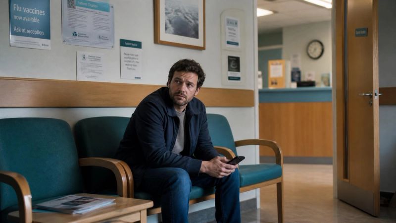 A man sitting in a GP waiting room, looking uncertain and isolated