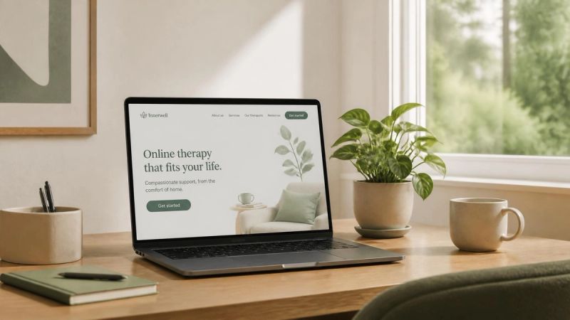 A calm home therapy space with a laptop and plant, representing online therapy for menopause sleep problems