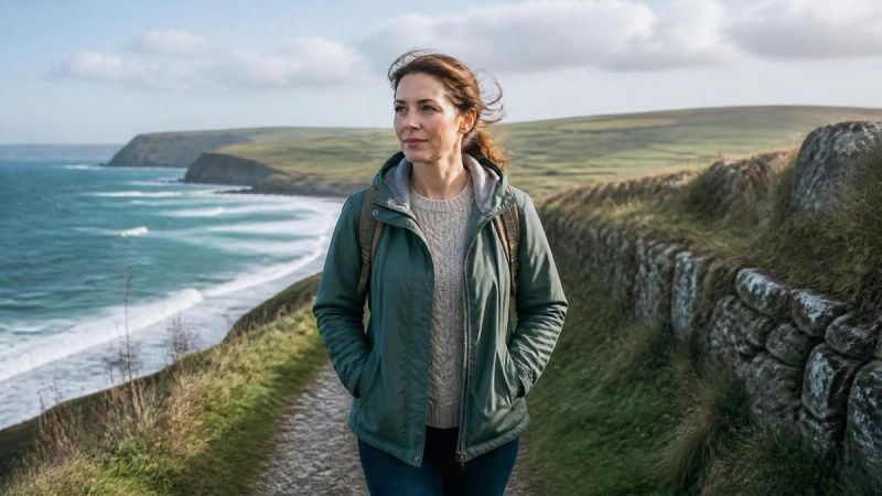 A person walking along a coastal path in Ireland on a bright, breezy day