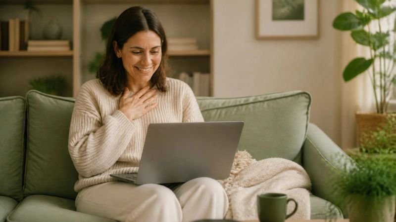 A woman speaking with a therapist during an online video session from home