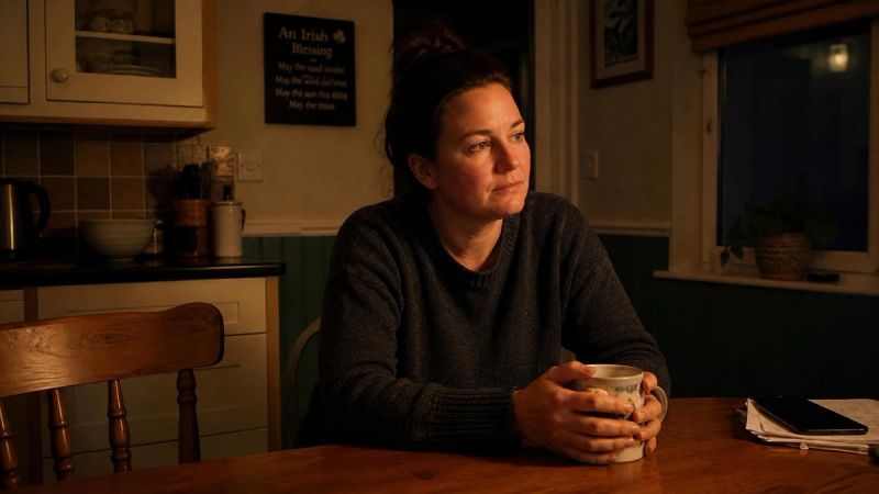 A person sitting at a kitchen table at night with a cup of tea, looking worried