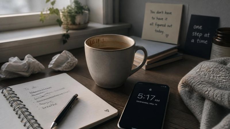 A tired morning desk scene representing the effect of poor sleep on anxiety.