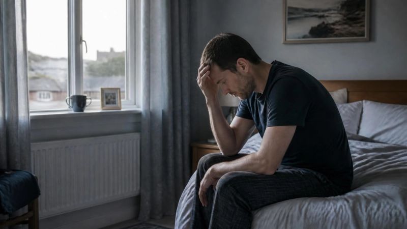 A person sitting on the edge of a bed in the early morning, holding their head in their hands