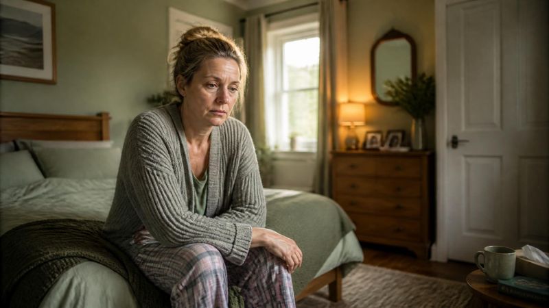 A person sitting on the edge of a bed looking tired and unwell