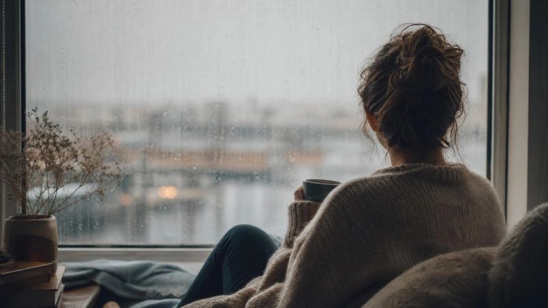 Person sitting quietly by a rain-streaked window, reflecting the isolation that can follow a breakup