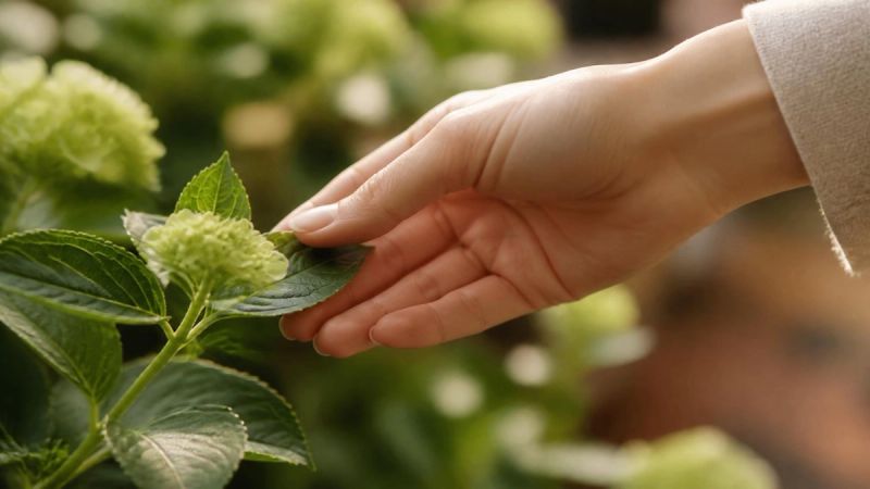 A hand gently touching a leaf or flower in a garden, representing small brave steps toward overcoming fear