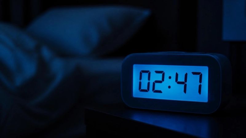 An alarm clock glowing in a dark bedroom, showing a late hour