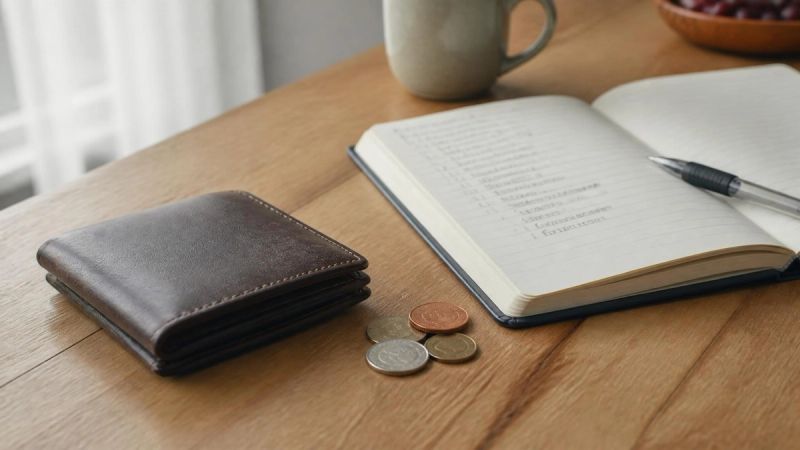 A wallet and a few coins on a table beside a notebook, suggesting cost