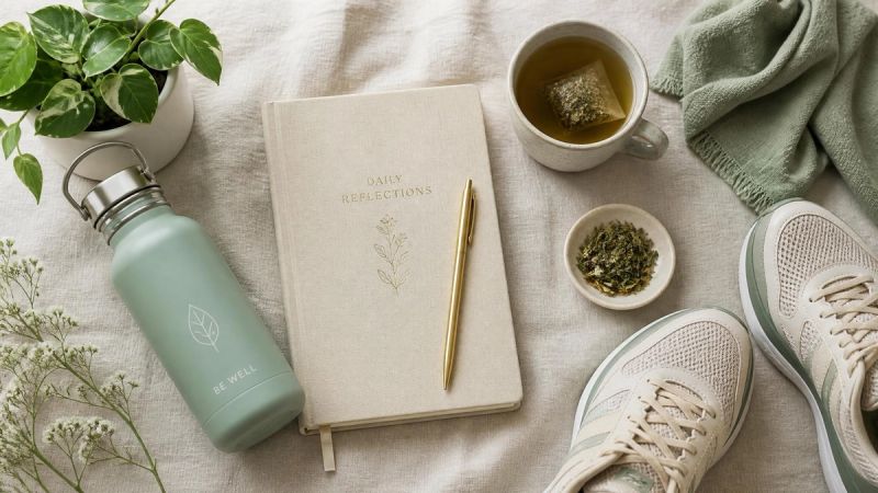 A wellness toolkit flatlay with journal, water bottle, walking shoes, and herbal tea
