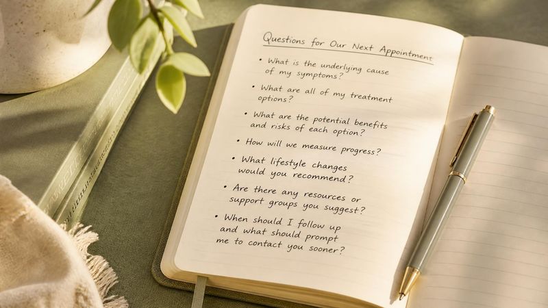 A notebook with handwritten questions for a GP appointment about HRT and mental health