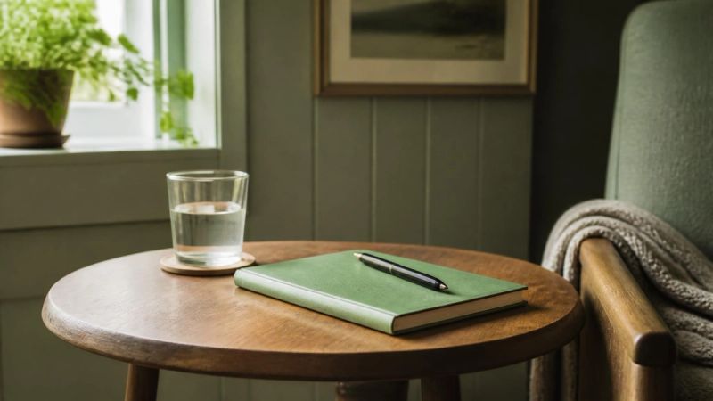 A notebook and pen on a small table beside a glass of water in a calm room