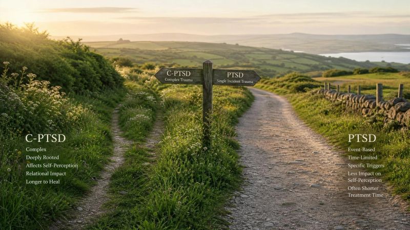 Two diverging paths in a green Irish meadow, symbolising the difference between PTSD and C-PTSD
