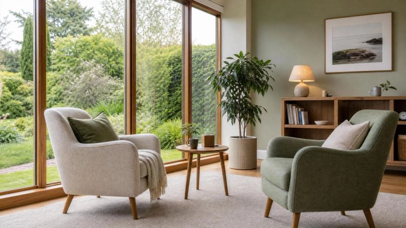 A peaceful therapy room with a window overlooking an Irish garden, representing professional support for ADHD and relationships