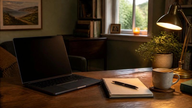 A laptop and a notepad on a desk, with a cup of tea, checking credentials