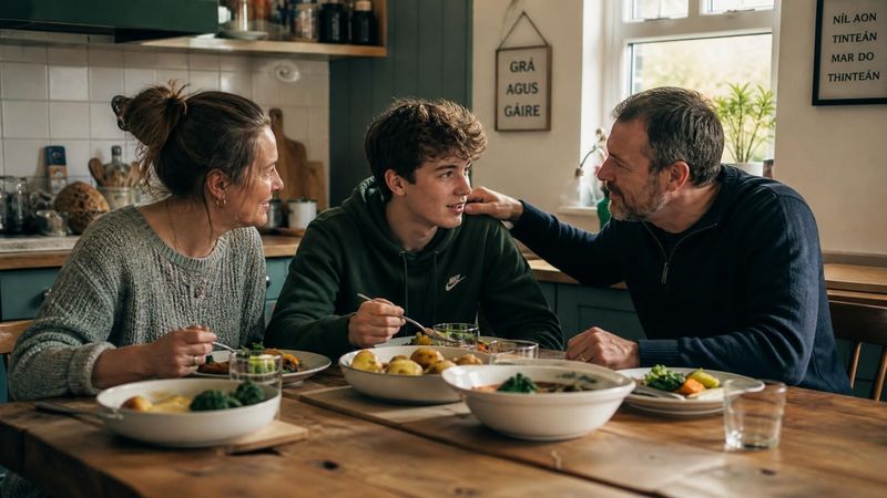 A family having a supportive meal together at a kitchen table
