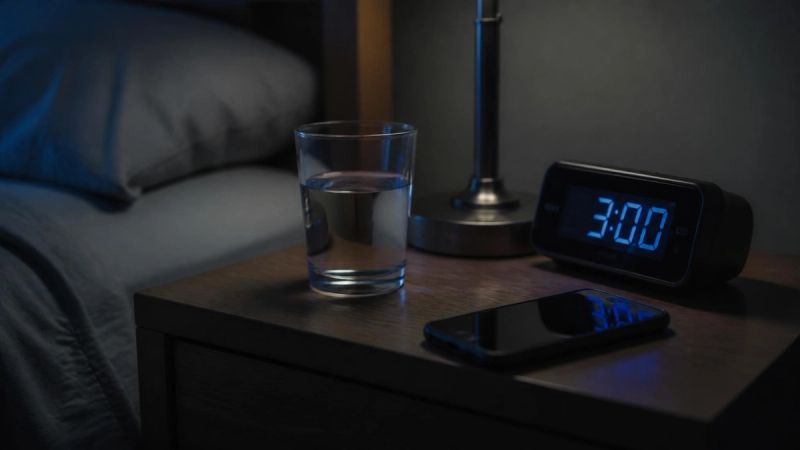 A minimalist illustration of a clock showing 3am beside a glass of water on a bedside table