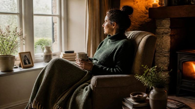 A person sitting by a window with a blanket, resting, calm and settled
