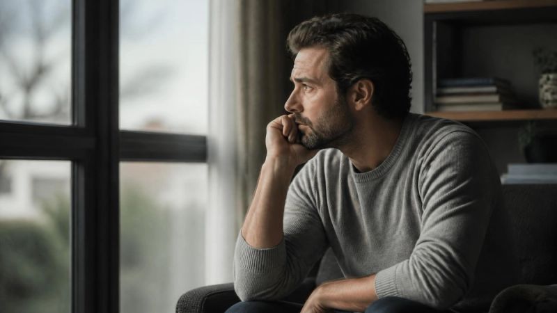 A man sitting alone by a window, representing the partner's experience of menopause